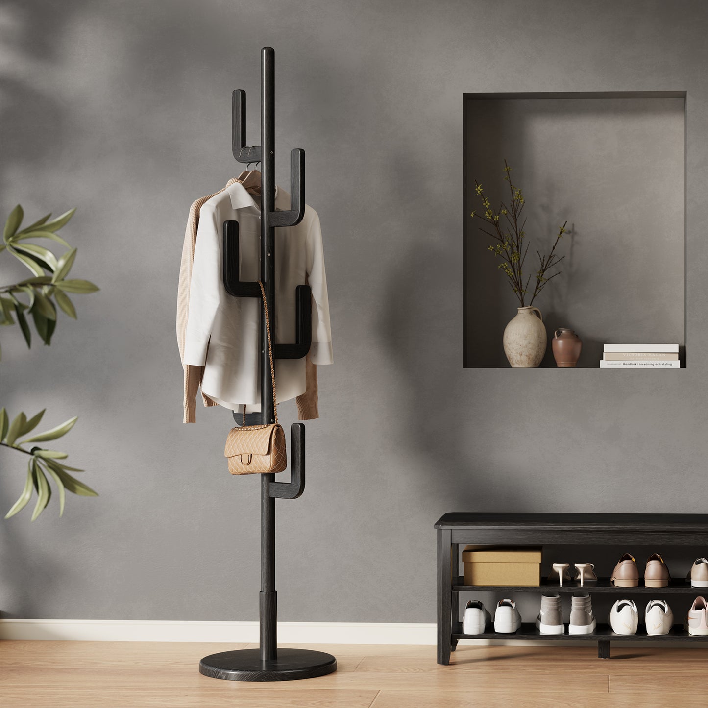 Solid Wood Cactus Coat Rack Stand, Freestanding Coat Rack with 6 L-shaped Hooks and 3 Adjustable Sizes, Sturdy and Easy to Assemble Coat Tree for Entryway, Bedroom