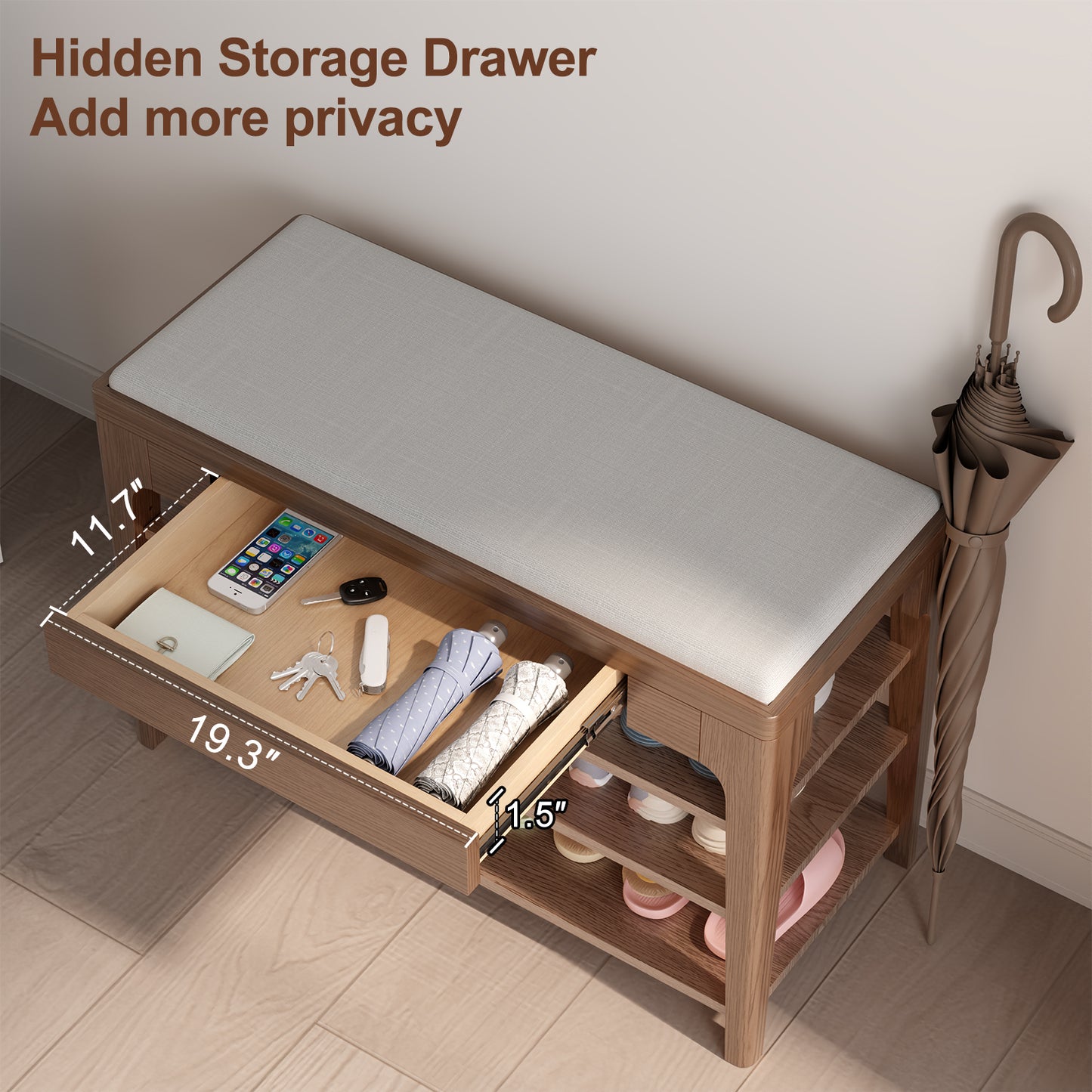 Small Shoe Bench with Storage, Wooden Shoe Storage Bench with Cushion&Hidden Drawer, 3-Tier Shoe Rack Bench for Entryway, Mudroom, Hallway