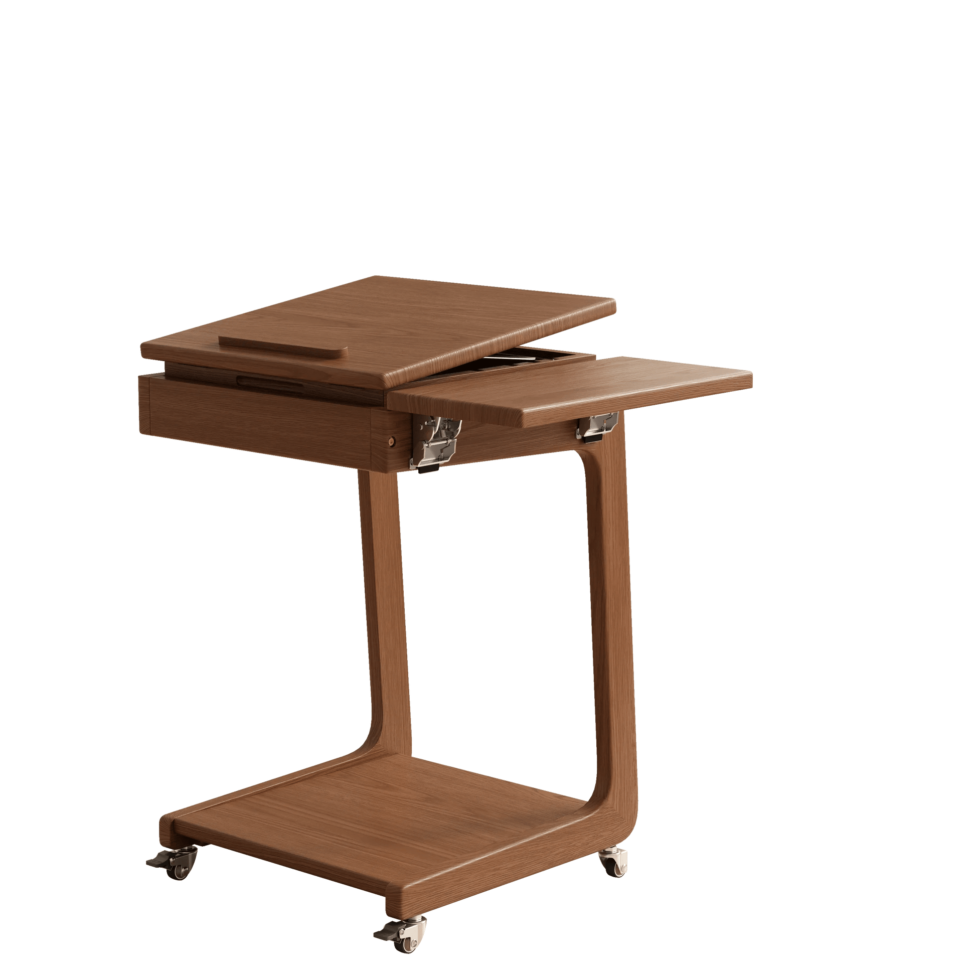 Solid Wood Rolling C - Shaped Side Table with Adjustable Top & Foldable Shelf - Kaslandi Furniture
