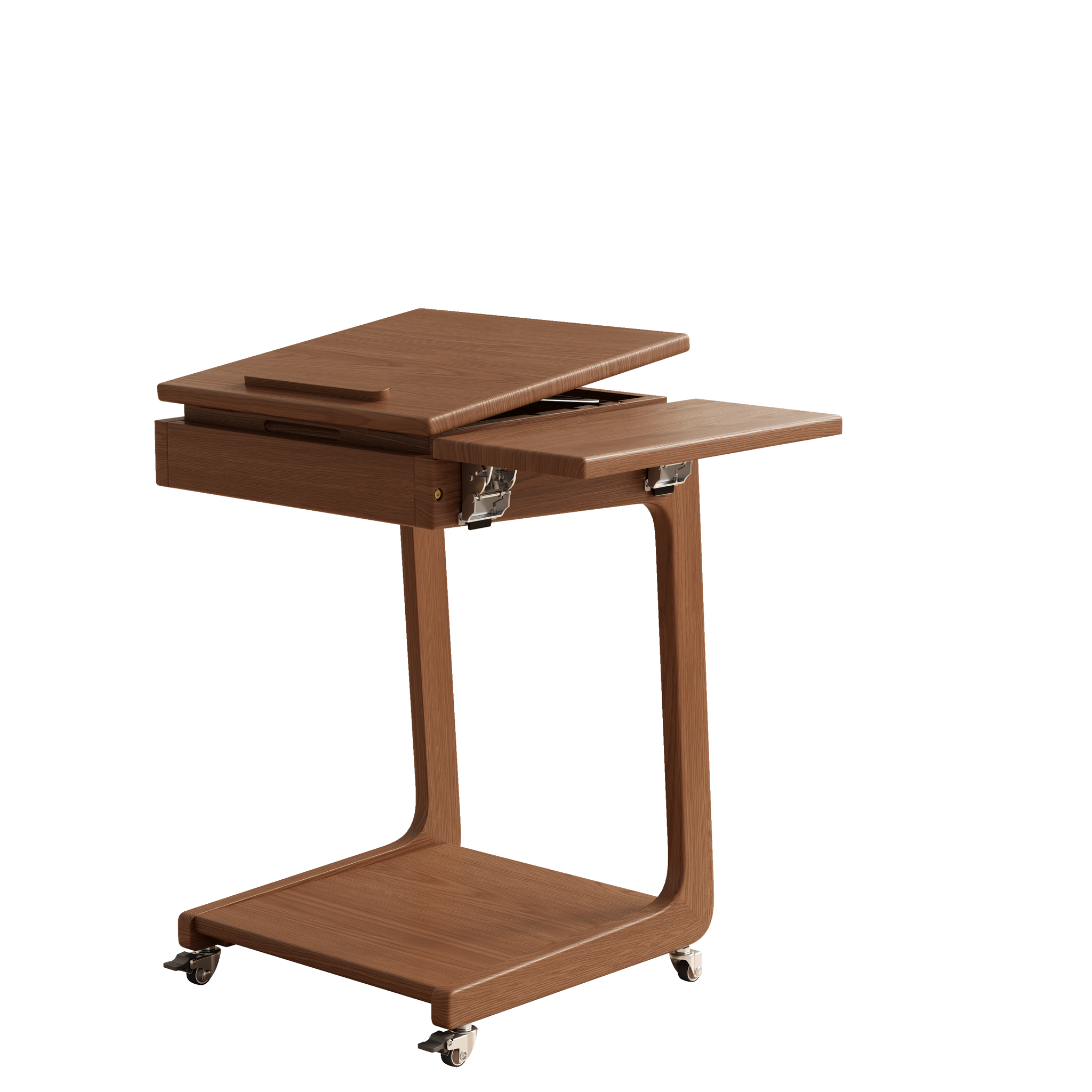 Solid Wood C-Shaped Rolling Side Table – Adjustable with Storage & Folding Shelf
