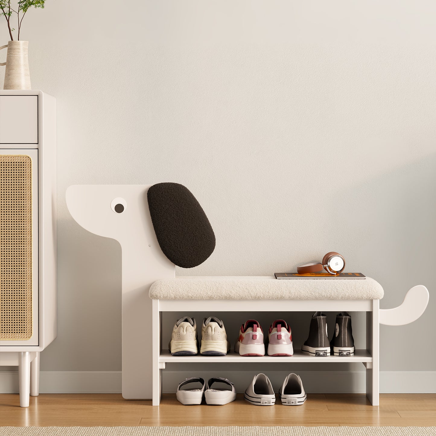 Shoe Rack Bench with Cushion, 2-Tier Dog Shoe Bench Cute, Wood Shoe Rack, Shoe Rack Bench with Storage,Shoe Shelf for Entryway, Hallway, Bedroom, Living Room