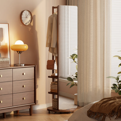 Ceramic Art Piece-2Full Length Mirror with Brake Wheels, 70"x16", Unique Solid Wood Oversized Floor Mirror with Coat Rack, Full Body Mirror for Bedroom, Living Room