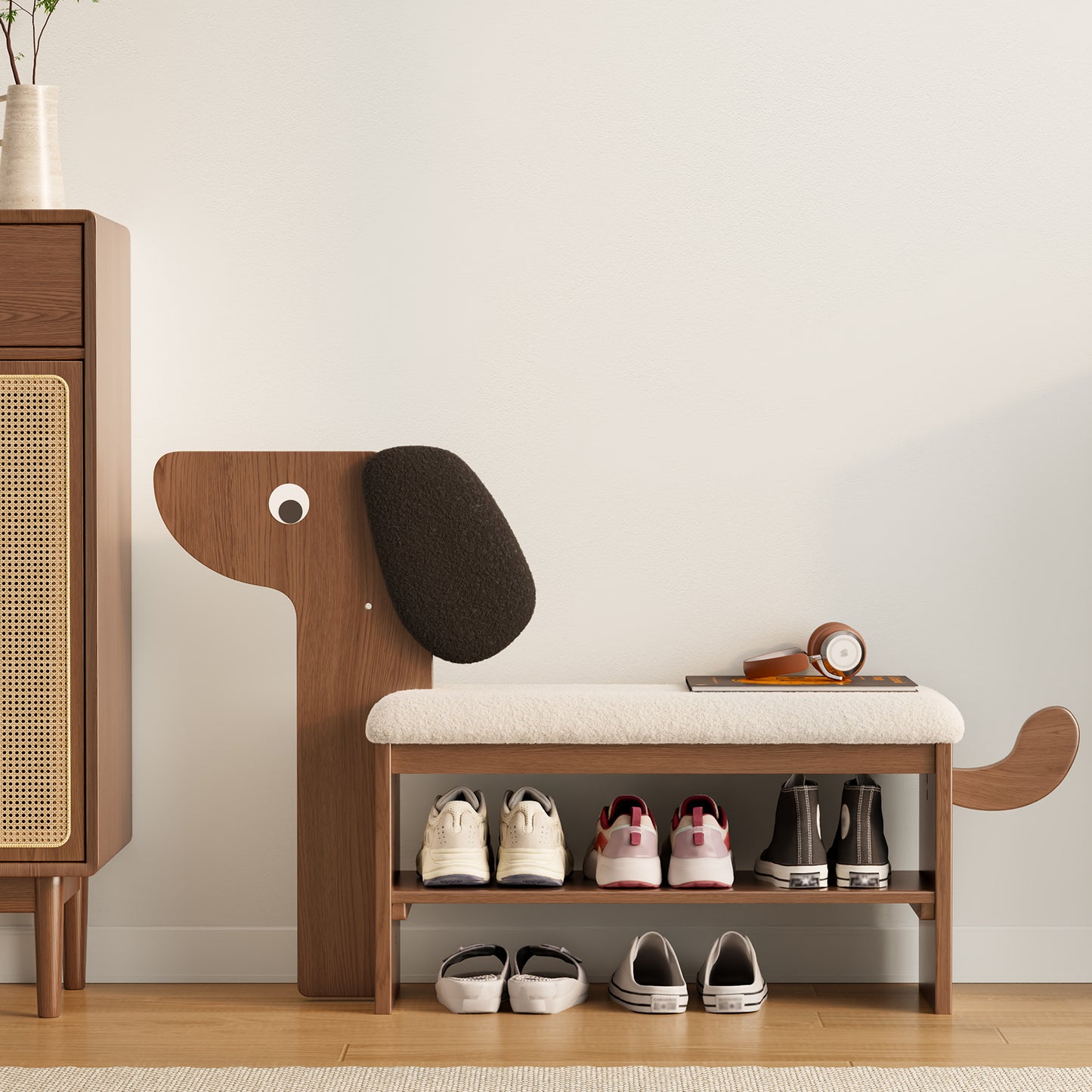 Shoe Rack Bench with Cushion, 2-Tier Dog Shoe Bench Cute, Wood Shoe Rack, Shoe Rack Bench with Storage,Shoe Shelf for Entryway, Hallway, Bedroom, Living Room