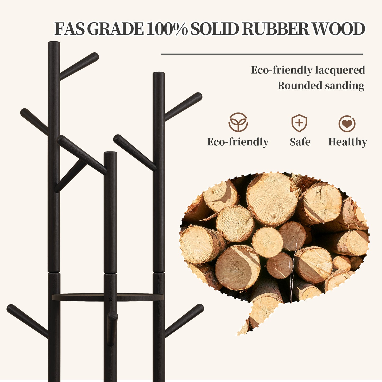 KungFuWood KASLANDI Coat Rack, Solid Wood Rotary Coat Rack Stand, Freestanding Coat Rack with 3 Shelves and 9 Hooks, Sturdy and Easy to Assemble Coat Tree for Entryway, Bedroom, Coats, Bags