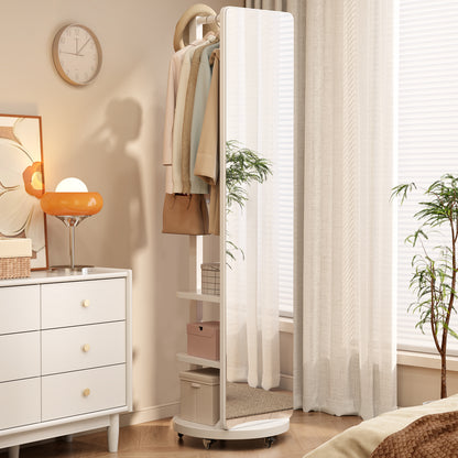 Ceramic Art Piece-2Full Length Mirror with Brake Wheels, 70"x16", Unique Solid Wood Oversized Floor Mirror with Coat Rack, Full Body Mirror for Bedroom, Living Room