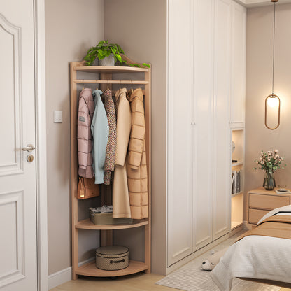 Corner Clothes Rack with Thick Clothes Rod, Wood Corner Hall Tree with Hooks, Clothes Rack Freestanding with Storage Shelf for Entryway Bedroom