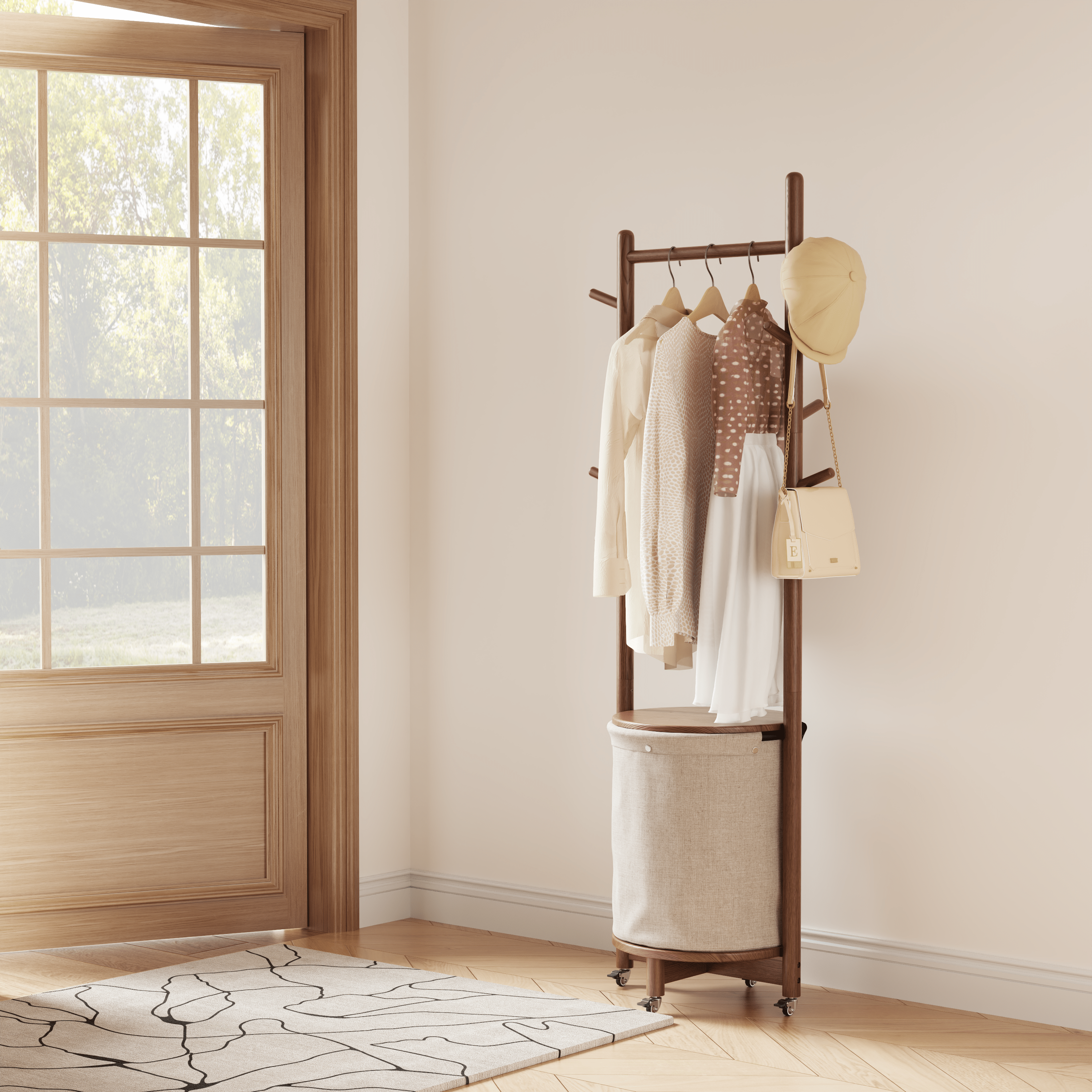 Solid Wood Coat Rack Stand with Laundry Hamper & Storage Shelf - Kaslandi Furniture
