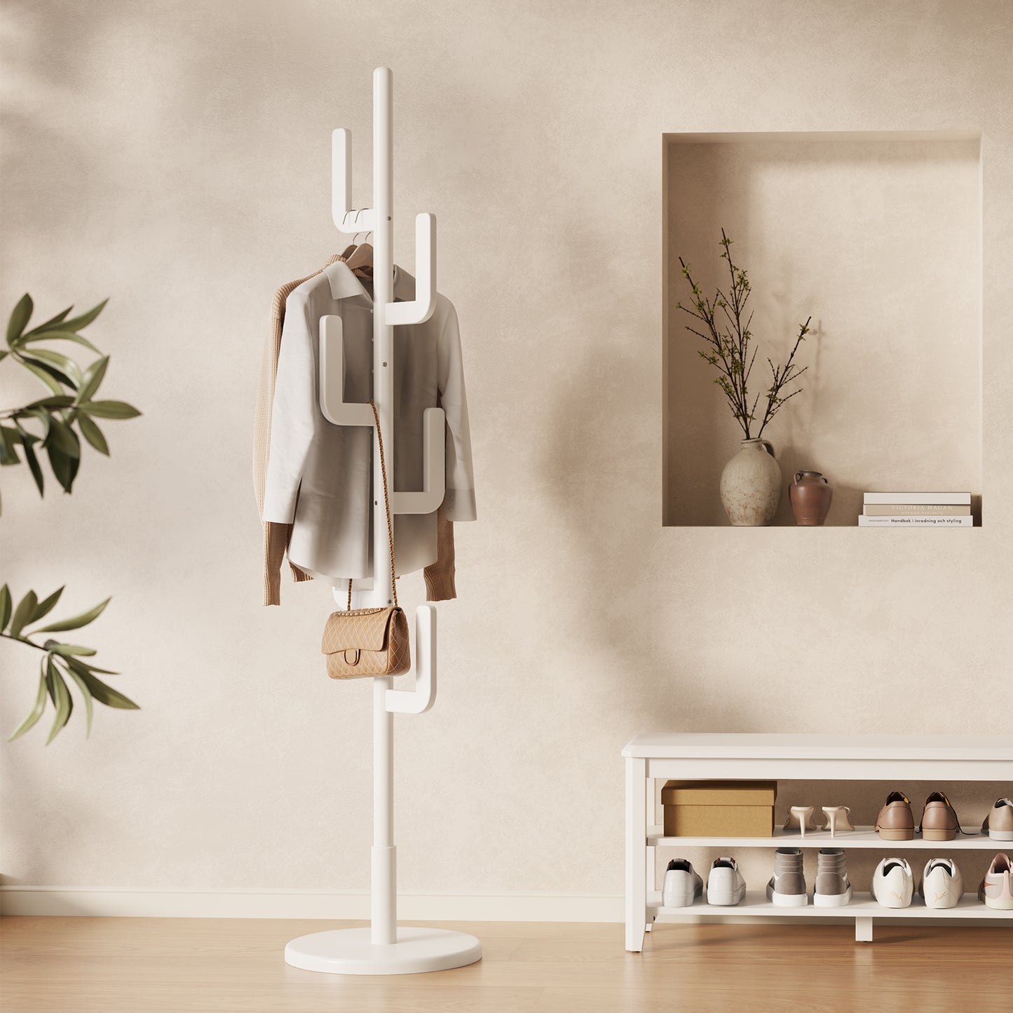 Solid Wood Cactus Coat Rack Stand, Freestanding Coat Rack with 6 L-shaped Hooks and 3 Adjustable Sizes, Sturdy and Easy to Assemble Coat Tree for Entryway, Bedroom