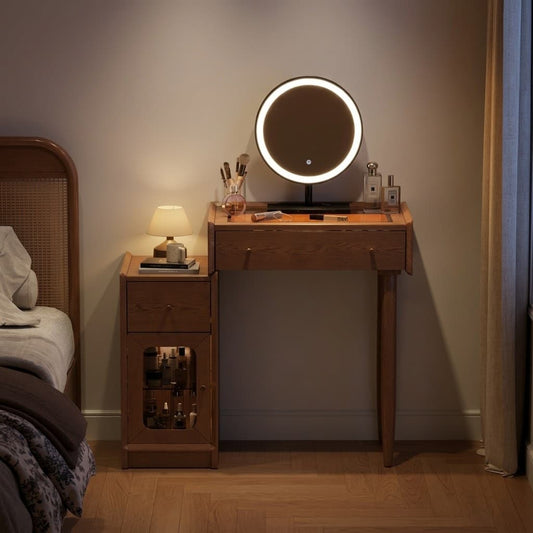 Solid Wood Vanity Desk with LED Round Mirror & Side Storage Cabinet - iKaslandi