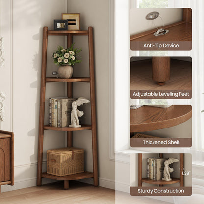 4 Tier Solid Wood Corner Shelf, Space Saving Corner Bookcase for Small Spaces - iKaslandi