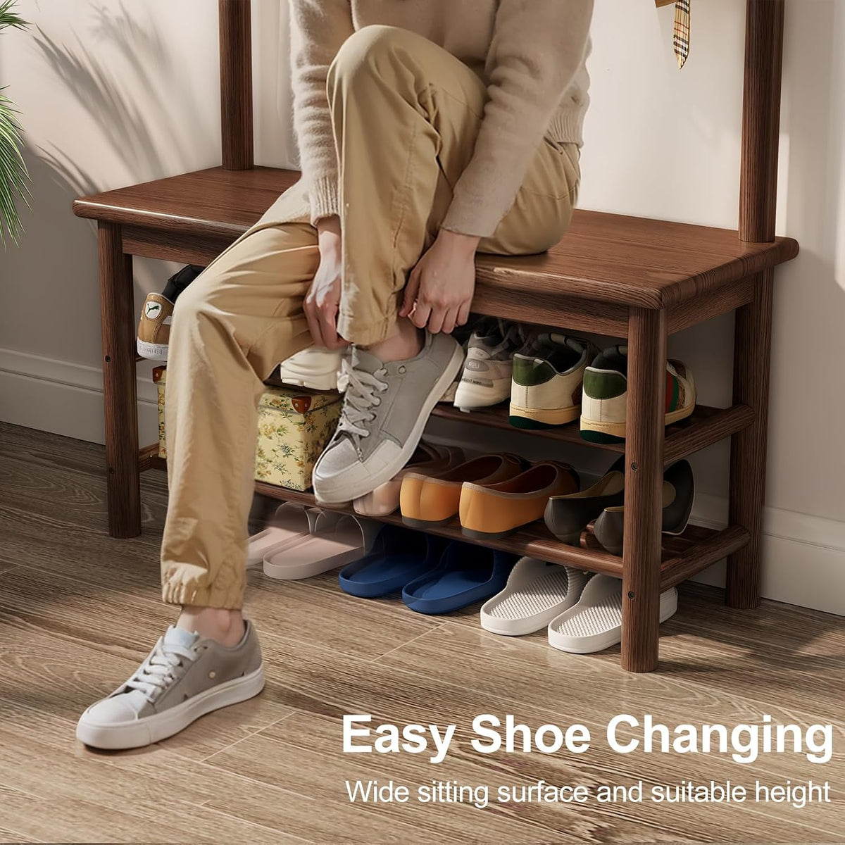 Wooden Hall Tree with Bench and Shoe Storage, 3-in-1 Entryway Coat Rack with 11 Hooks - iKaslandi