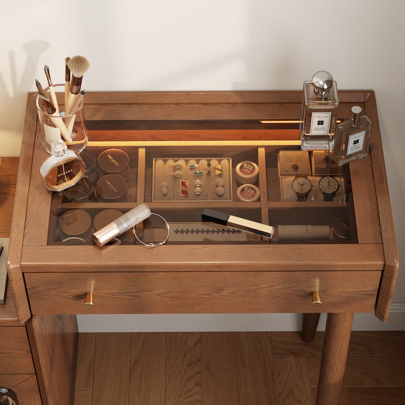 Solid Wood Vanity Desk with LED Round Mirror & Side Storage Cabinet