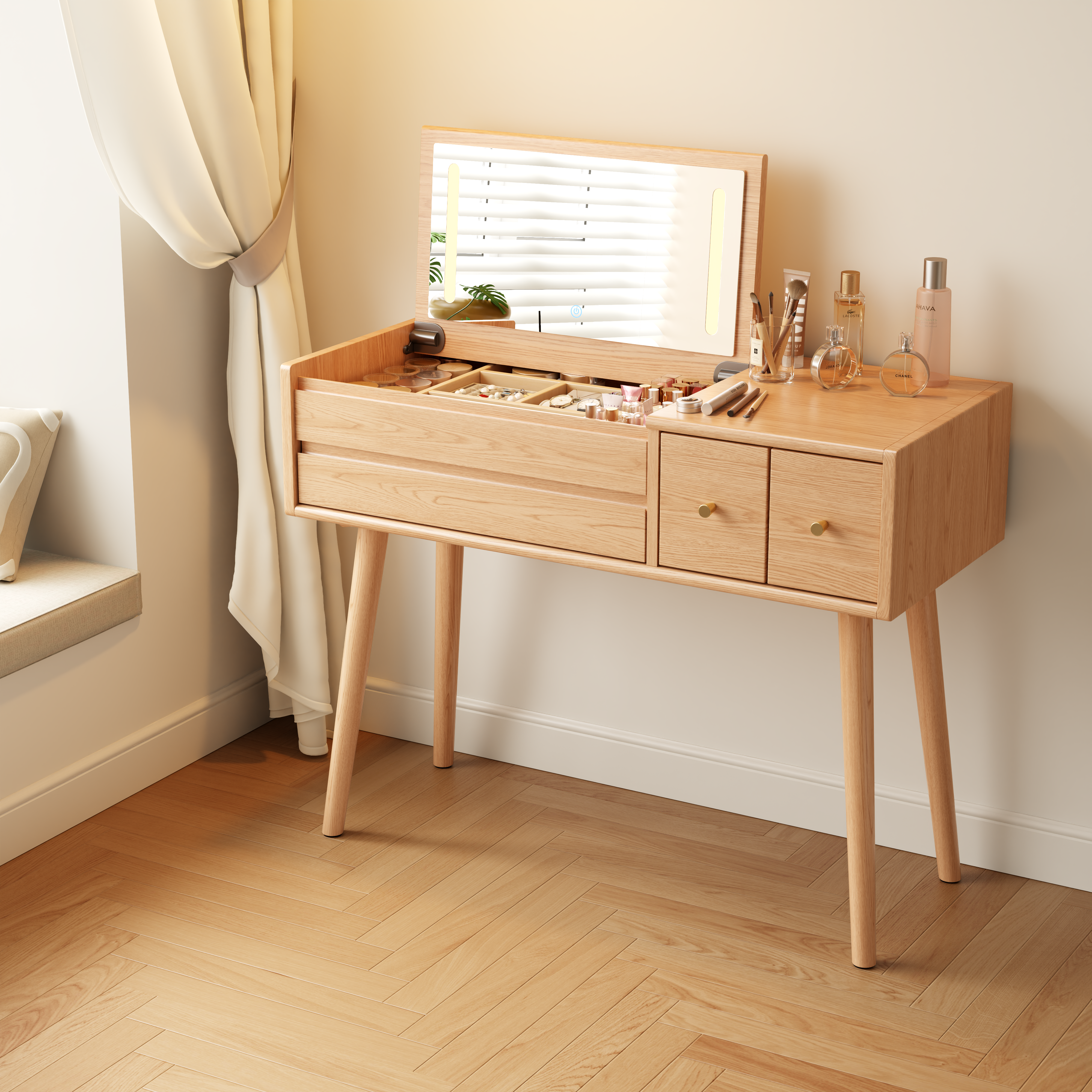 Vanity Desk with Mirror and Lights, Wooden Makeup Vanity Table with 3 or 4 Drawers