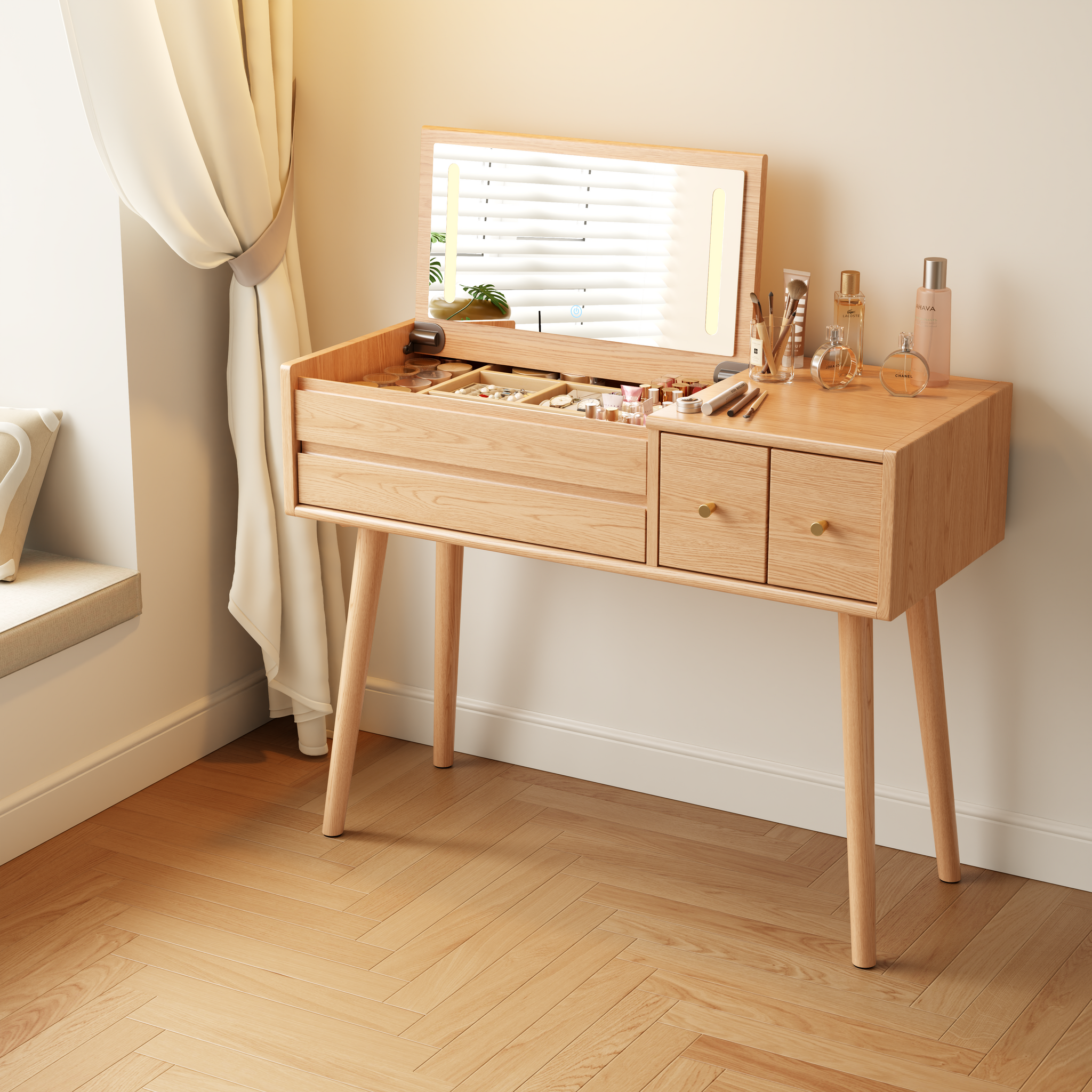 Vanity Desk with Mirror and Lights, Wooden Makeup Vanity Table with 3 or 4 Drawers