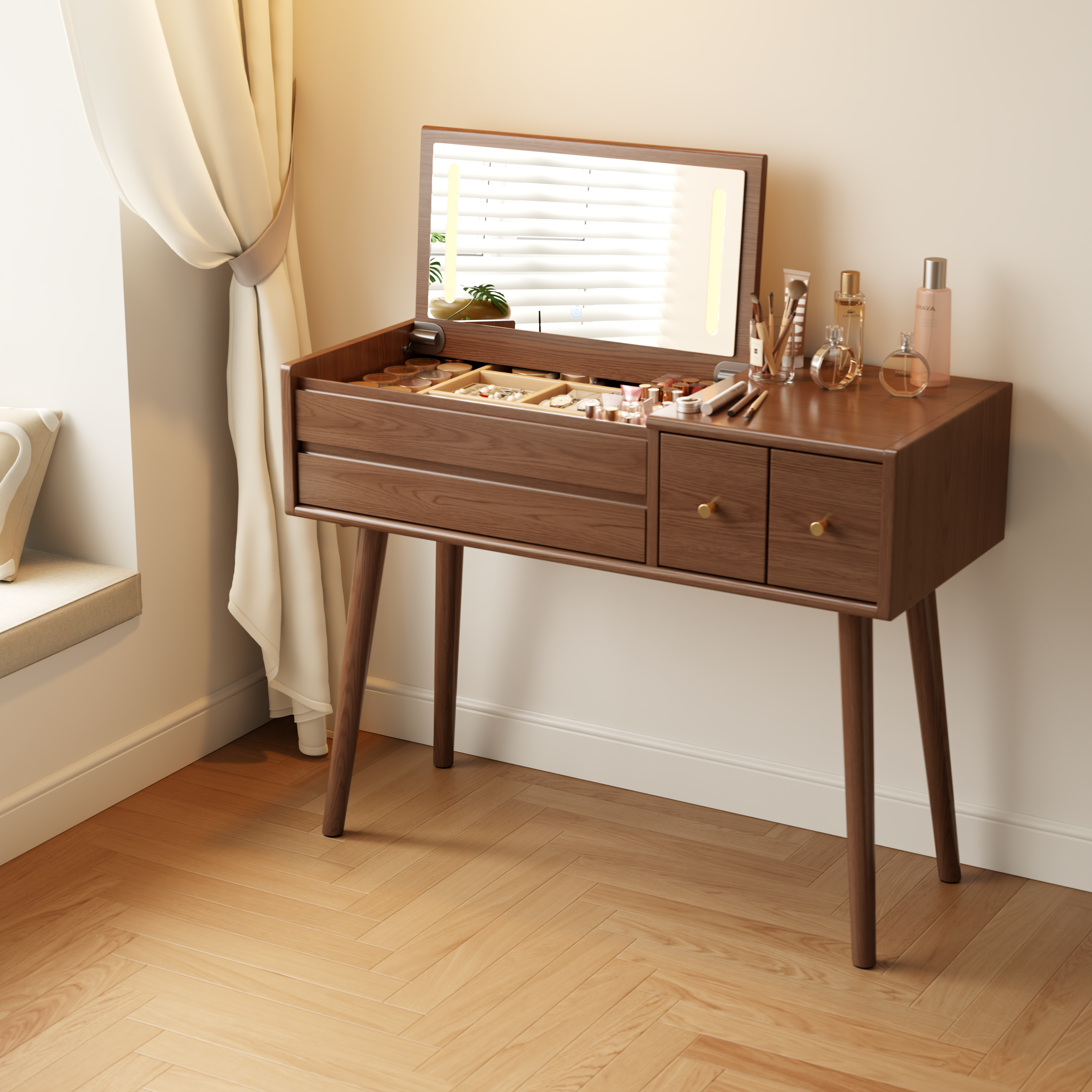 Vanity Desk with Mirror and Lights, Wooden Makeup Vanity Table with 3 or 4 Drawers