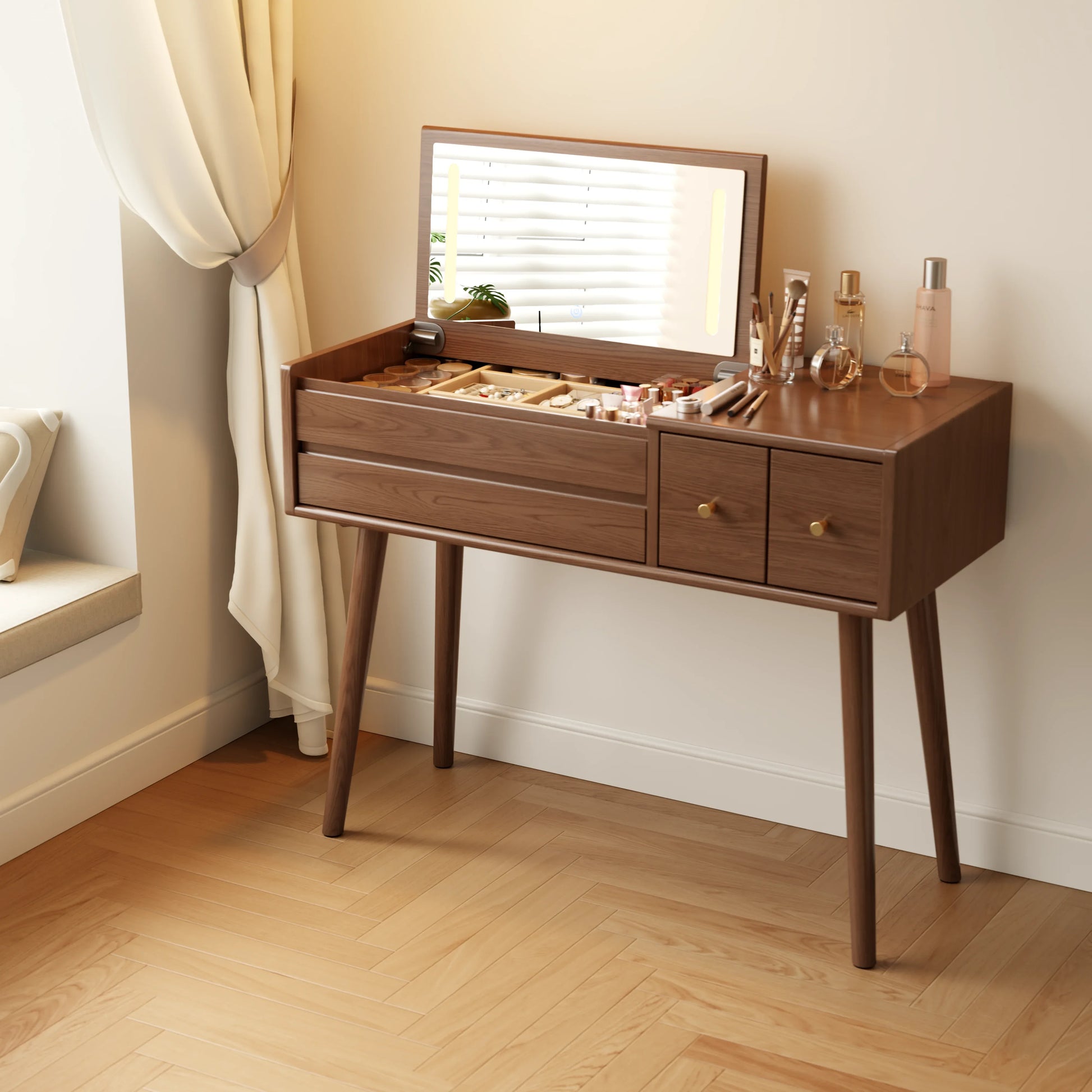Solid Wood Makeup Vanity with Mirror & Lights (3 - 4 Drawers) - Kaslandi Furniture