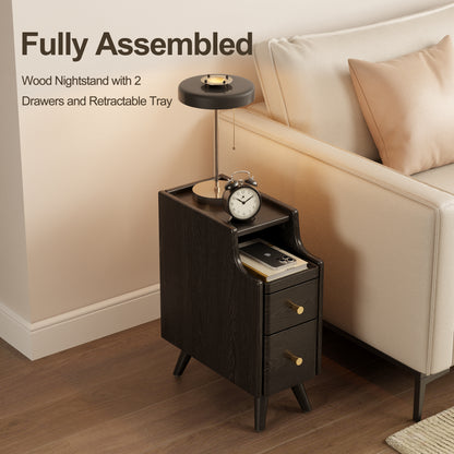 Small Nightstand,Solid Wood Nightstand with Drawers, Walnut Bedside Table for Bedroom