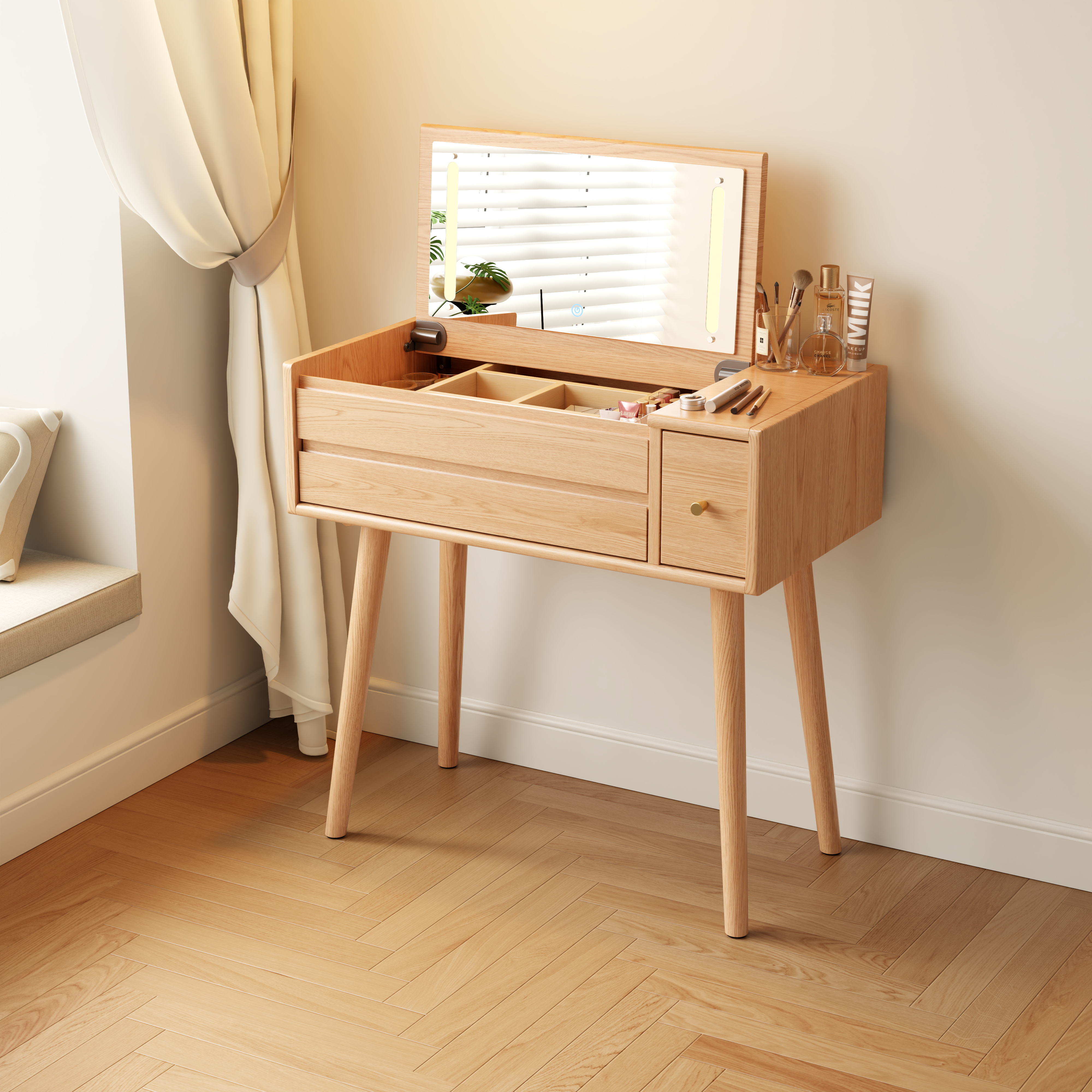 Vanity Desk with Mirror and Lights, Wooden Makeup Vanity Table with 3 or 4 Drawers