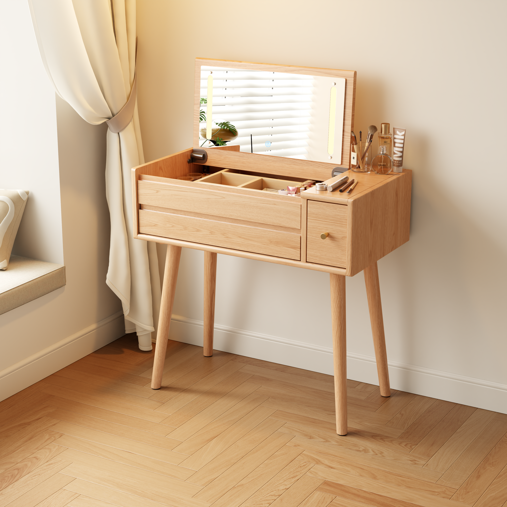 Vanity Desk with Mirror and Lights, Wooden Makeup Vanity Table with 3 or 4 Drawers