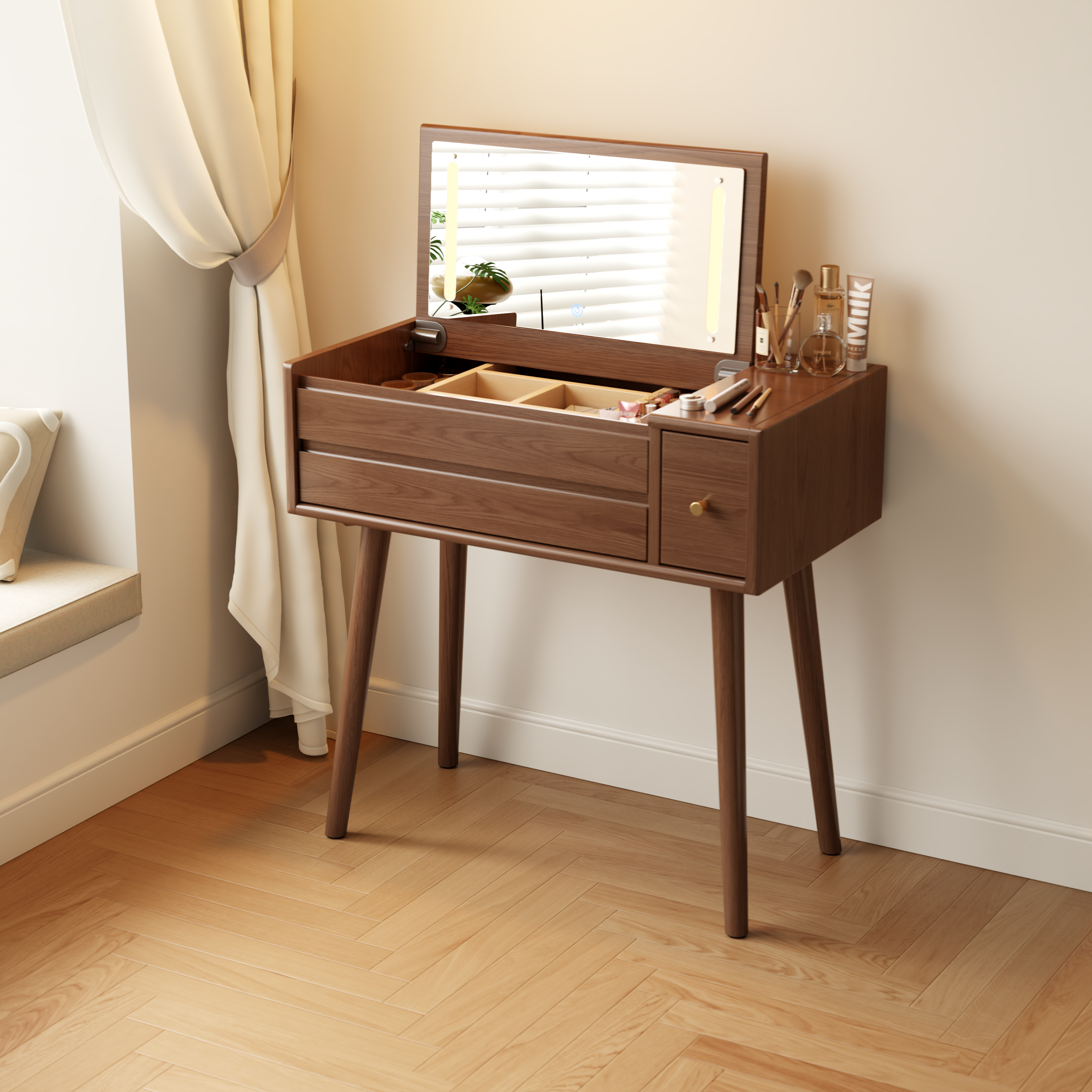 Vanity Desk with Mirror and Lights, Wooden Makeup Vanity Table with 3 or 4 Drawers