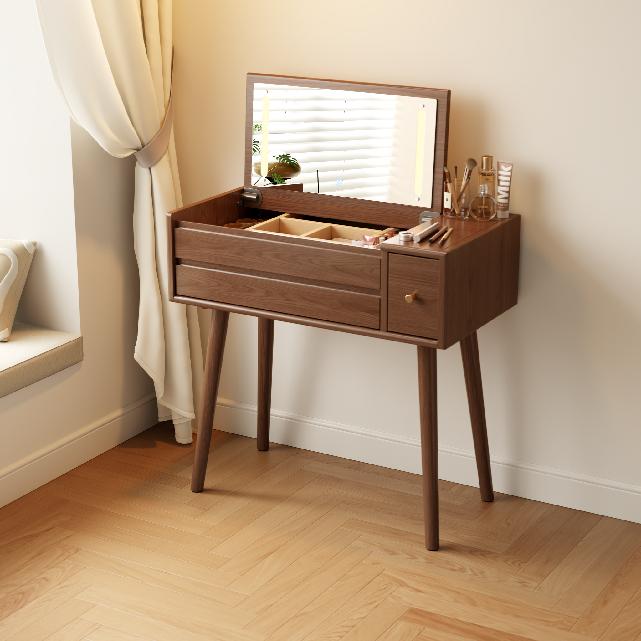 Vanity Desk with Mirror and Lights, Wooden Makeup Vanity Table with 3 or 4 Drawers
