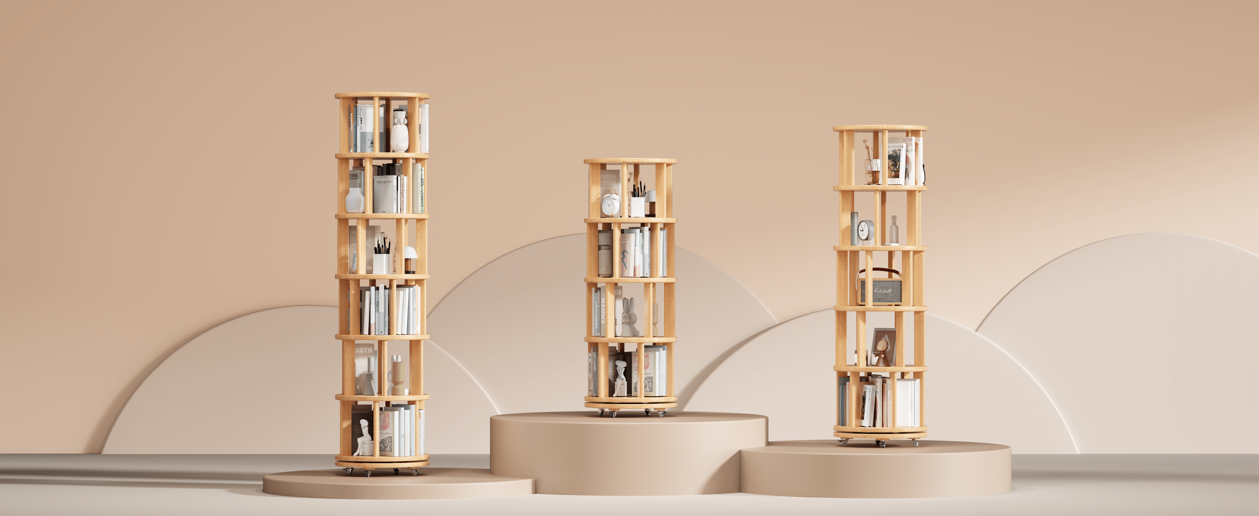 Rotating Solid Wood Bookshelf with Brake Wheels – Adjustable 1-6 Tier Swivel Bookcase for Home & Study