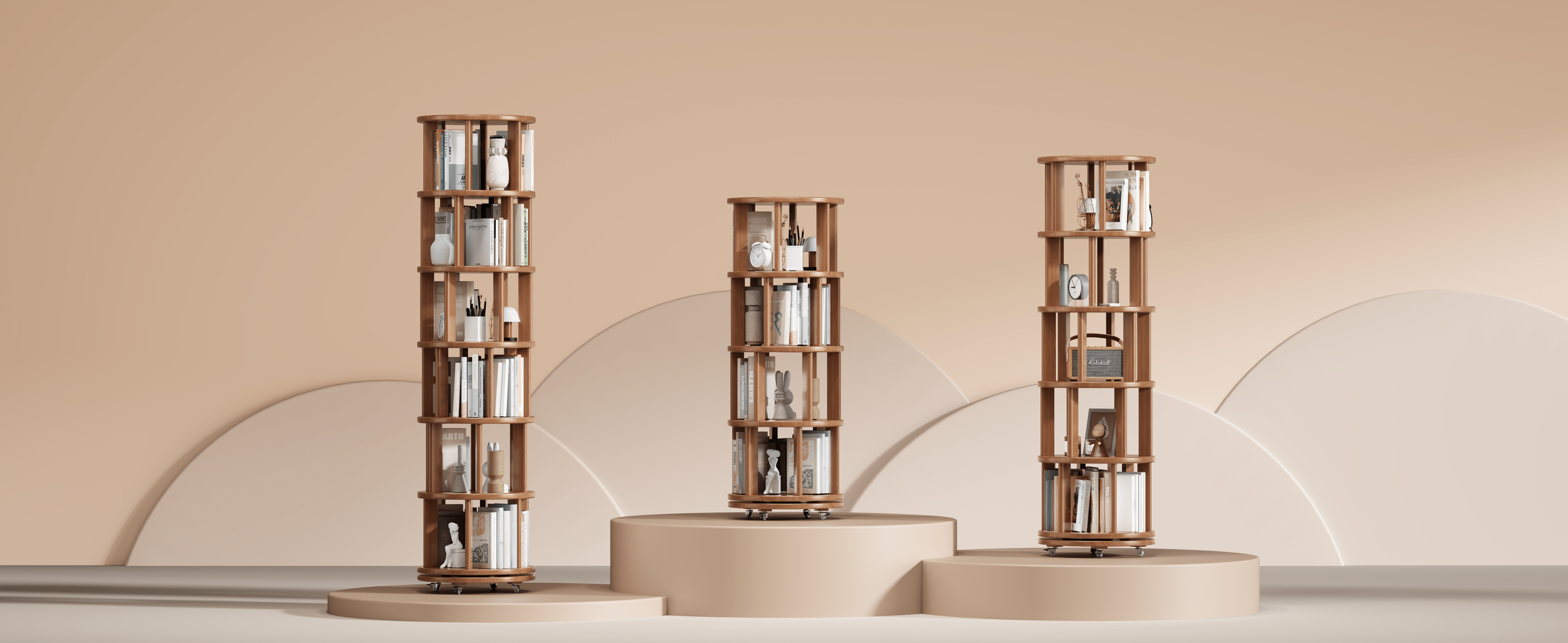 Rotating Solid Wood Bookshelf with Brake Wheels – Adjustable 1-6 Tier Swivel Bookcase for Home & Study