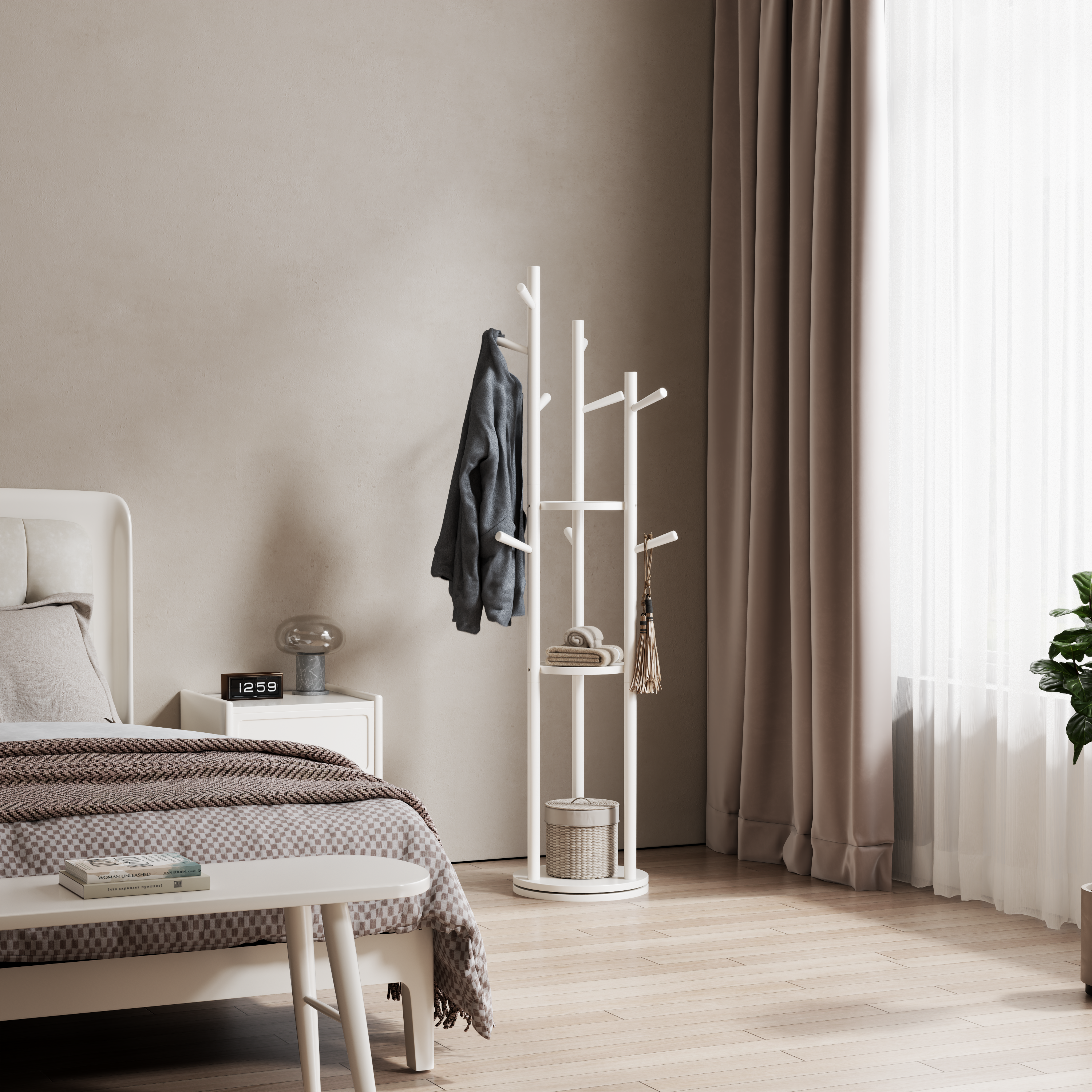 360° Rotating Solid Wood Coat Rack with Shelves