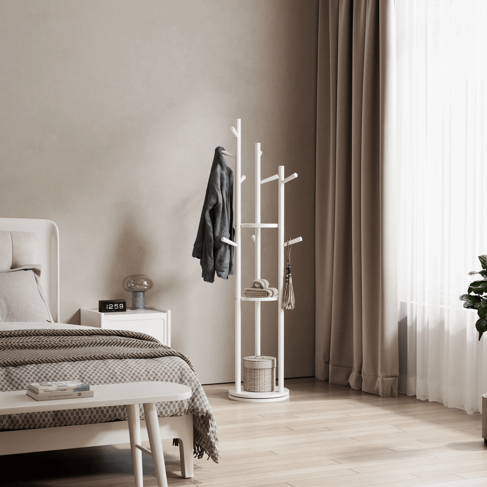 360° Rotating Solid Wood Coat Rack with Shelves - Kaslandi Furniture