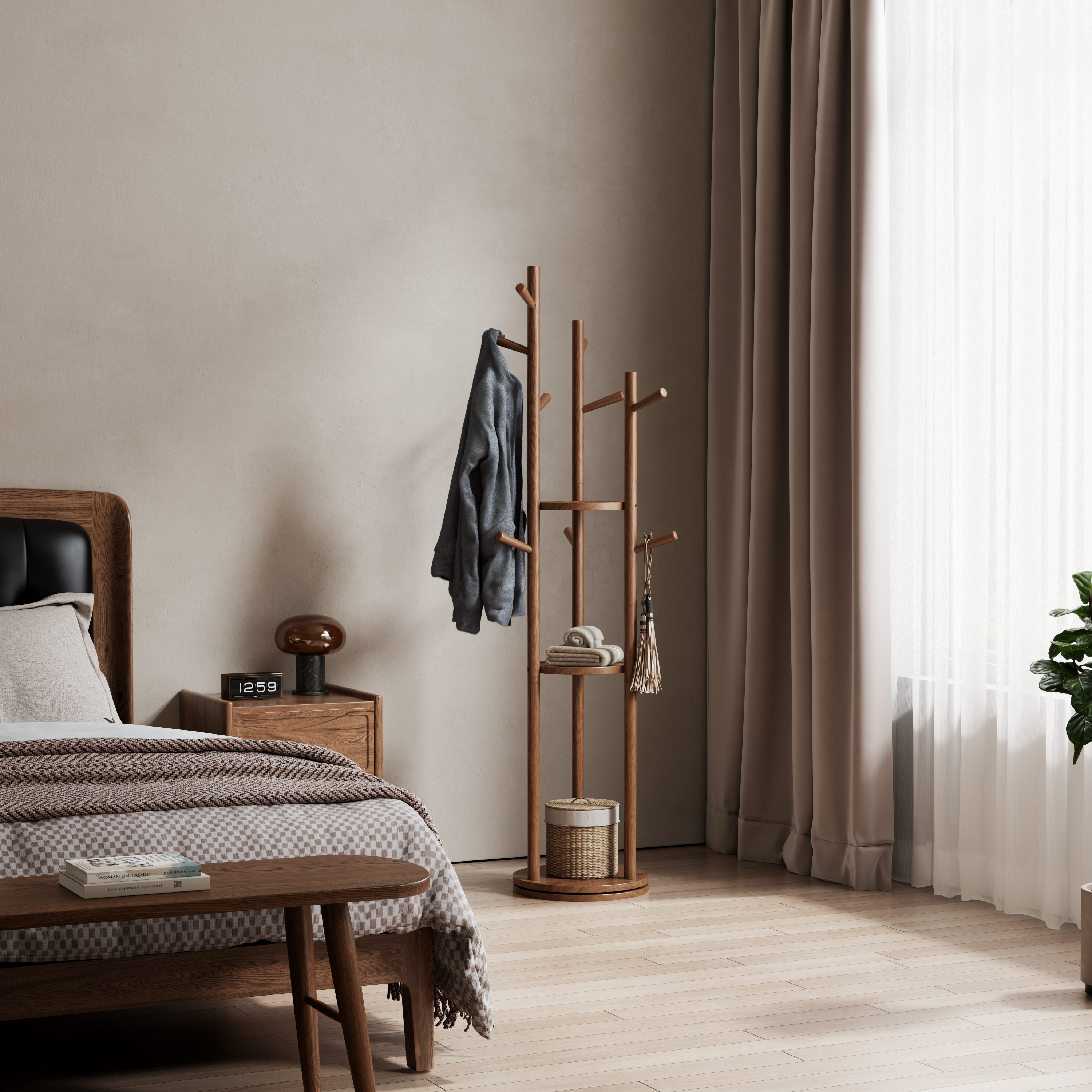 360° Rotating Solid Wood Coat Rack with Shelves