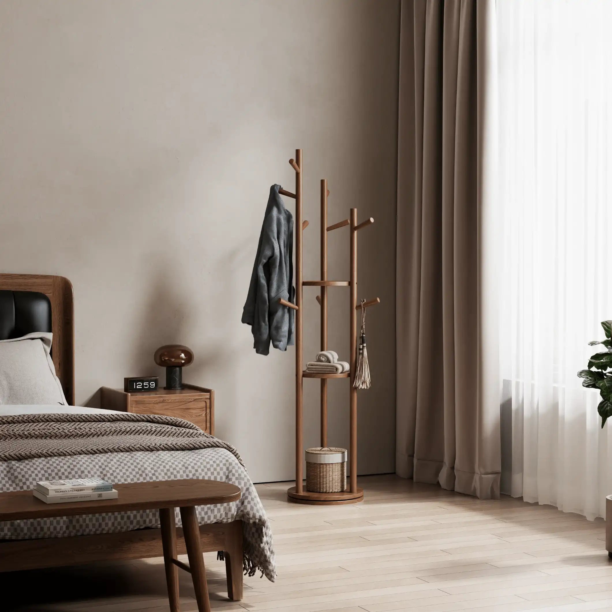 360° Rotating Solid Wood Coat Rack with Shelves