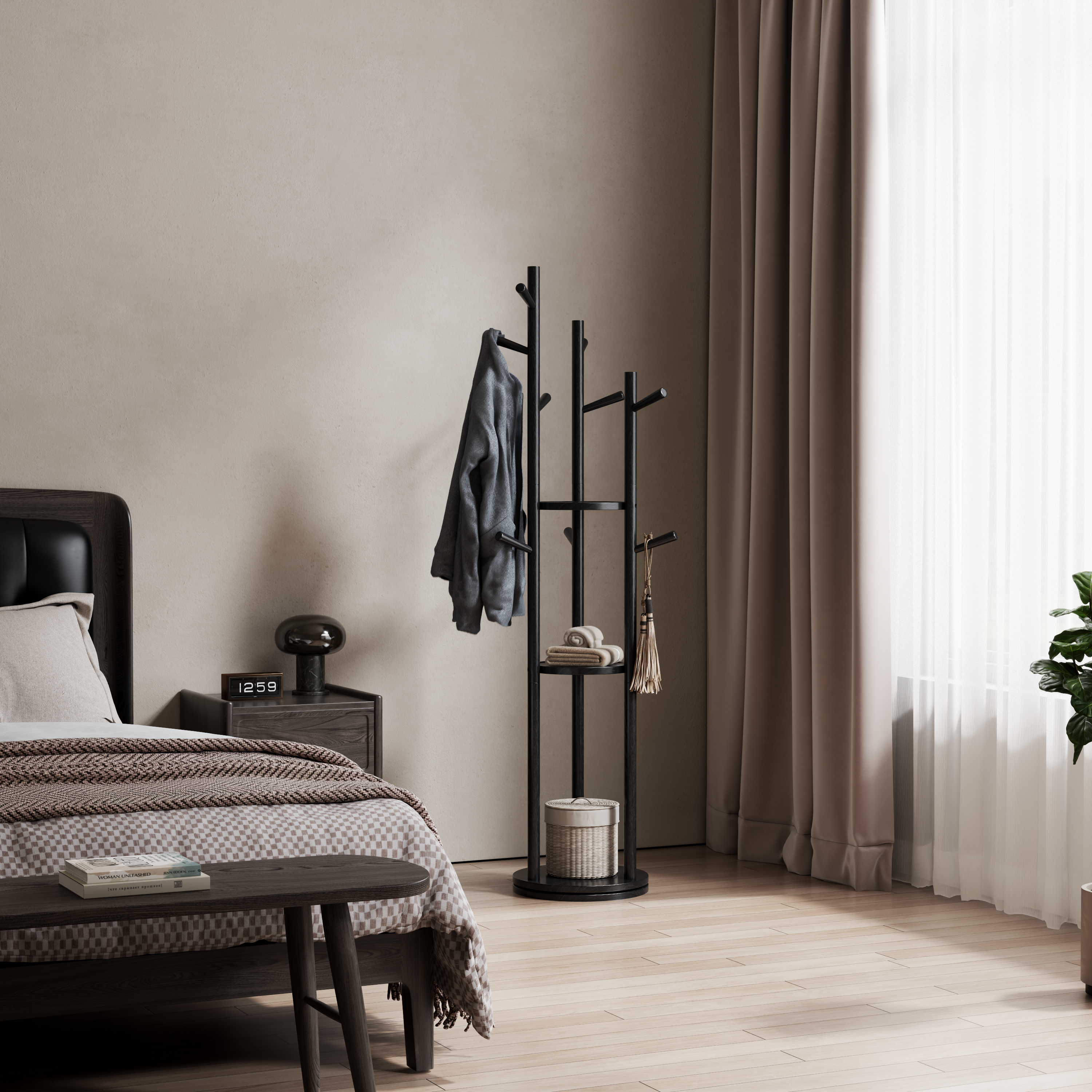 360° Rotating Solid Wood Coat Rack with Shelves