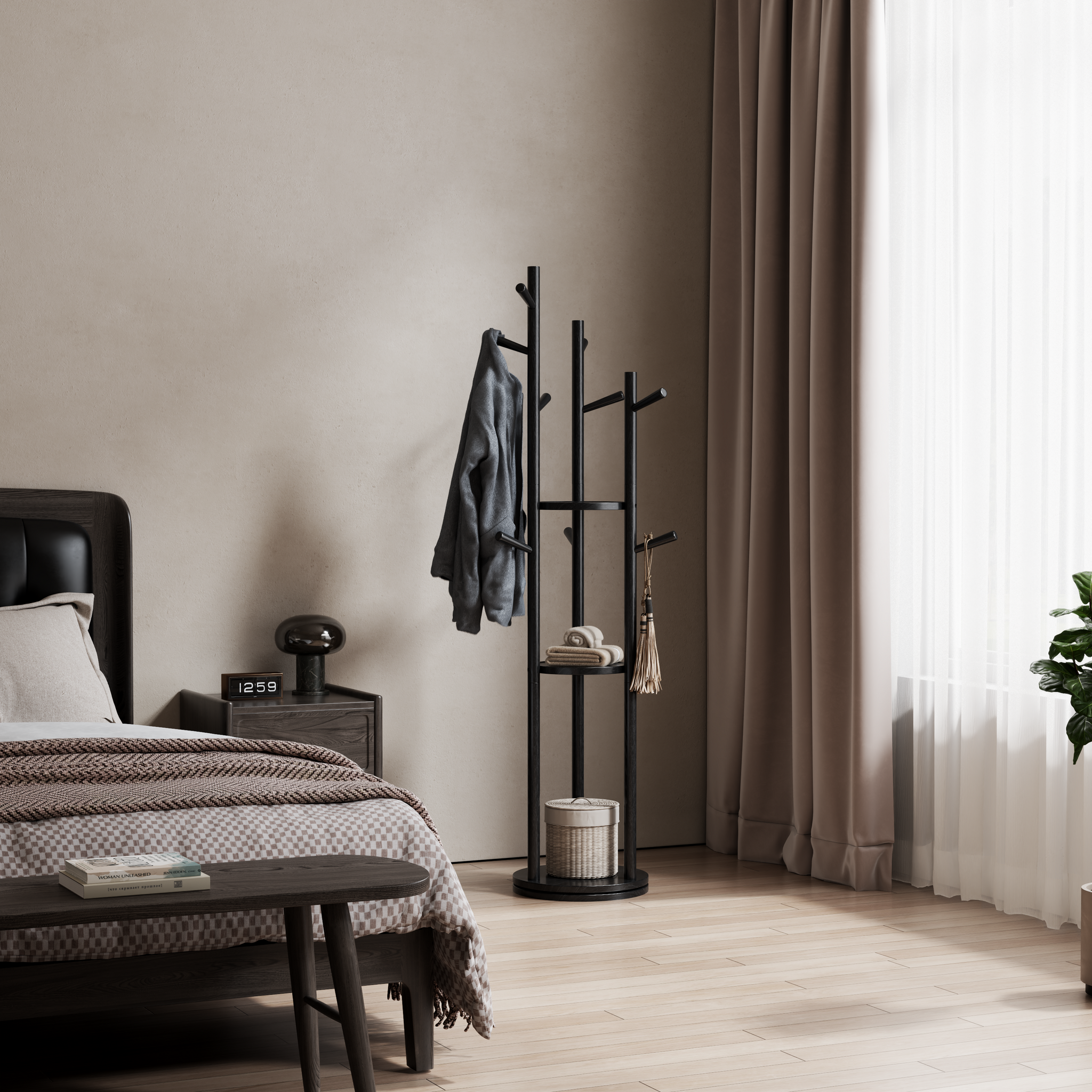 360° Rotating Solid Wood Coat Rack with Shelves