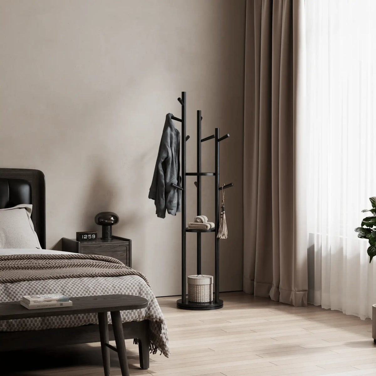 360° Rotating Solid Wood Coat Rack with Shelves - iKaslandi