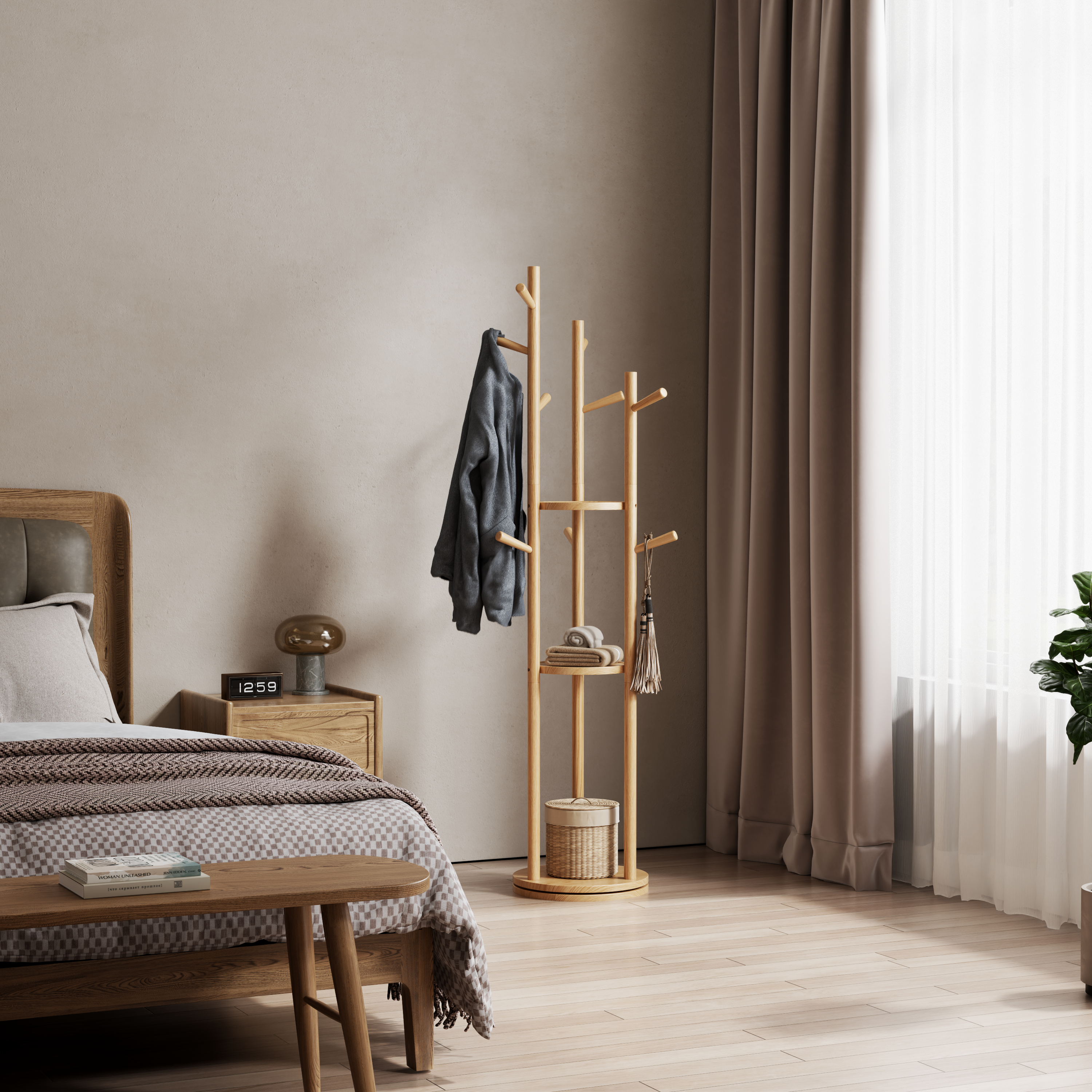 360° Rotating Solid Wood Coat Rack with Shelves