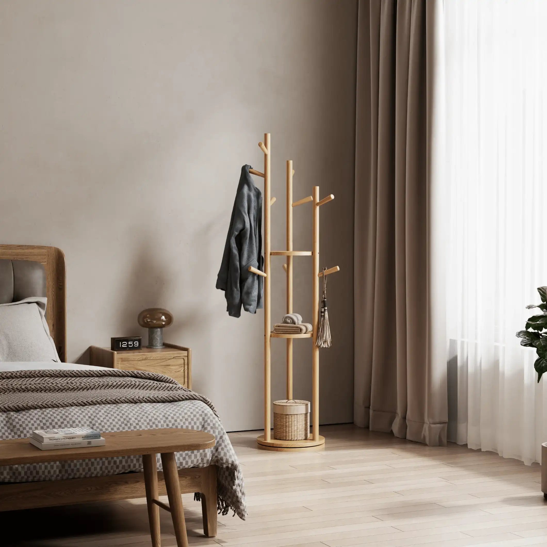360° Rotating Solid Wood Coat Rack with Shelves