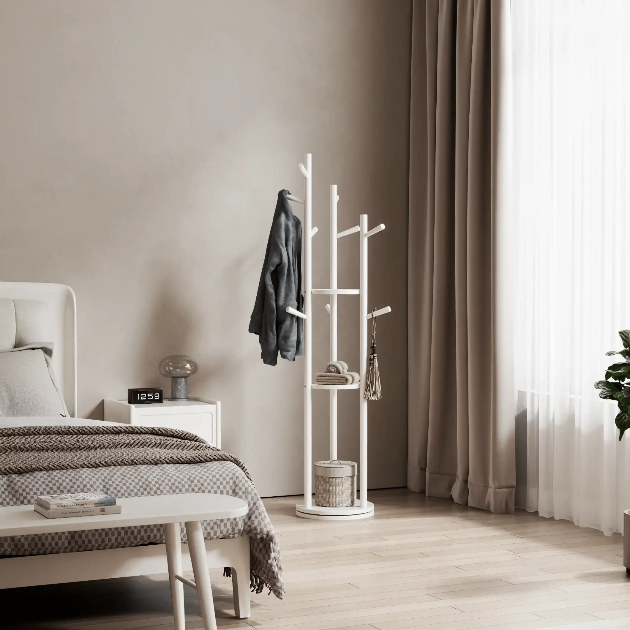 360° Rotating Solid Wood Coat Rack with Shelves