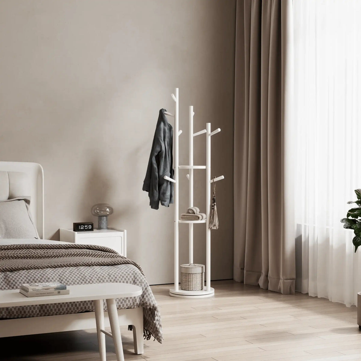 360° Rotating Solid Wood Coat Rack with Shelves - iKaslandi