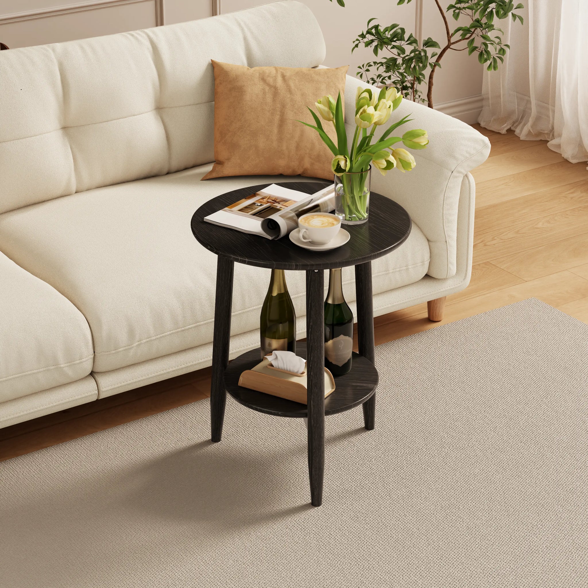Round Solid Wood Side Table with Storage Shelf
