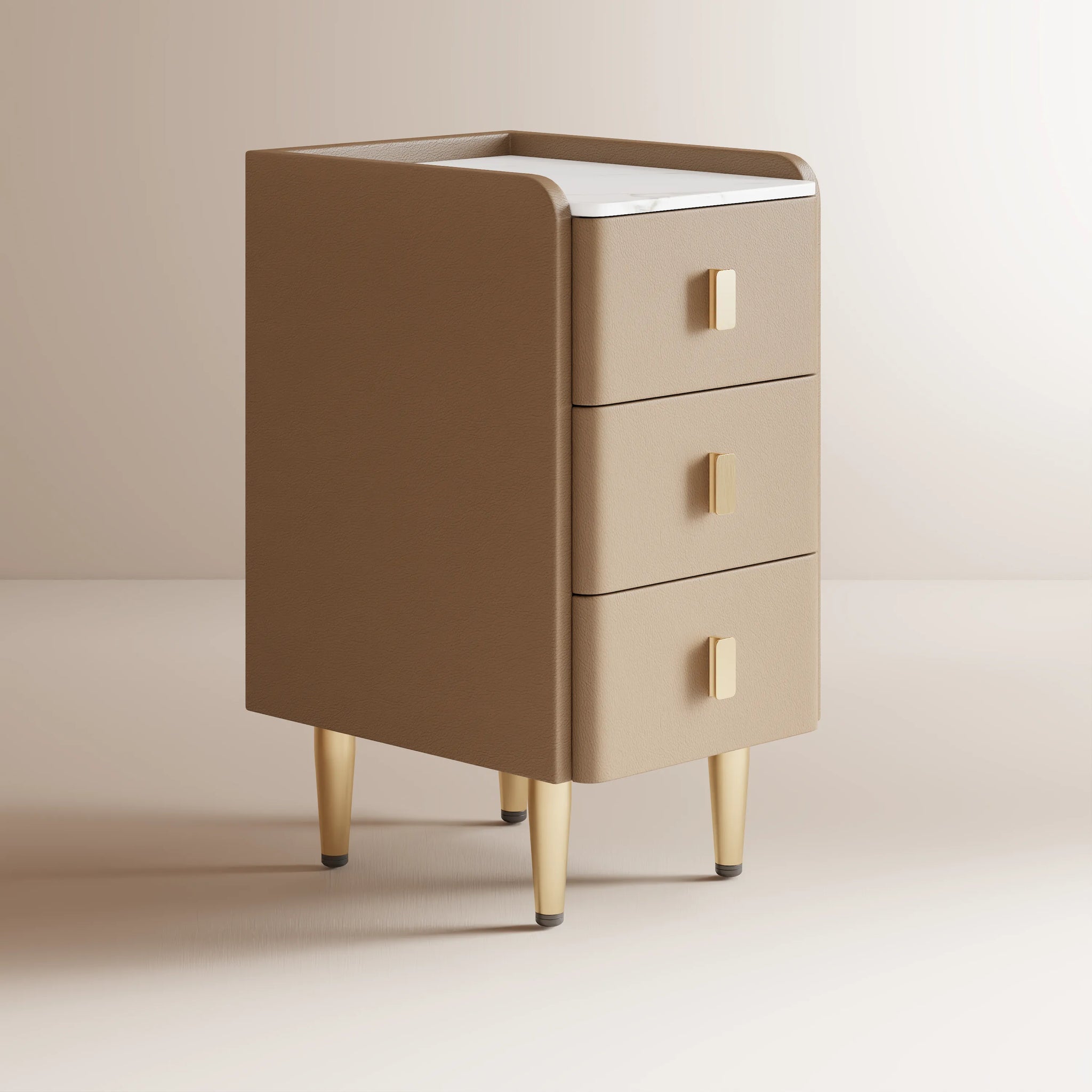 Leather Nightstand with Marble Top | 3 - Drawer Bedside Table with Gold Metal Legs - Kaslandi Furniture