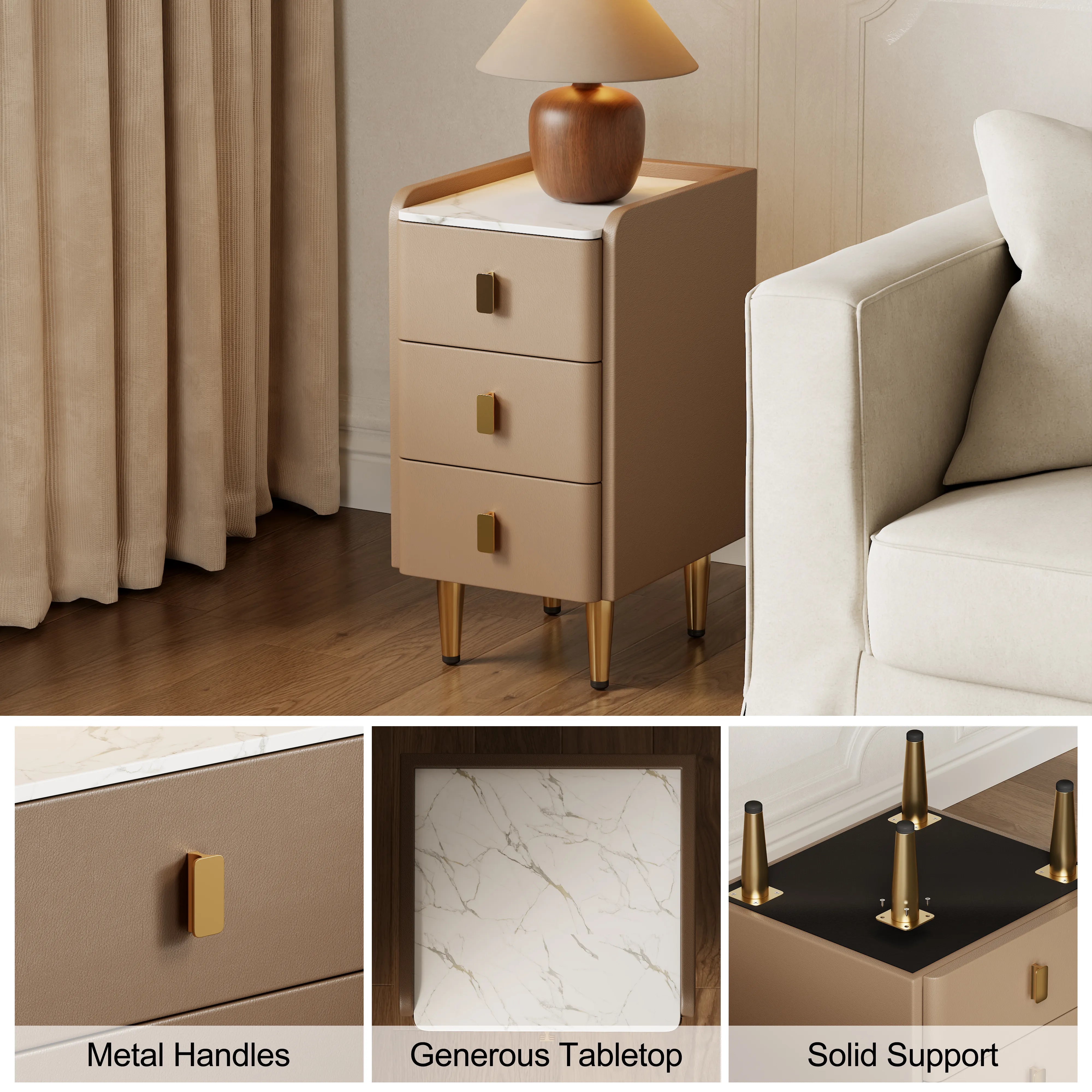 Leather Nightstand with Marble Top | 3 - Drawer Bedside Table with Gold Metal Legs - Kaslandi Furniture