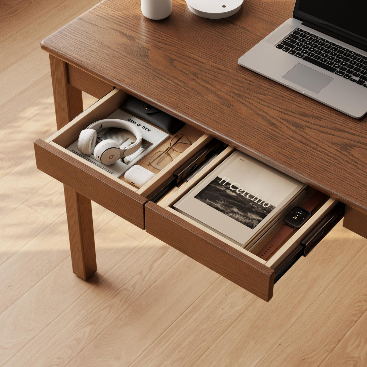 Solid Rubberwood Desk with 2 Drawers and Charging Station, Small Computer Desk - iKaslandi
