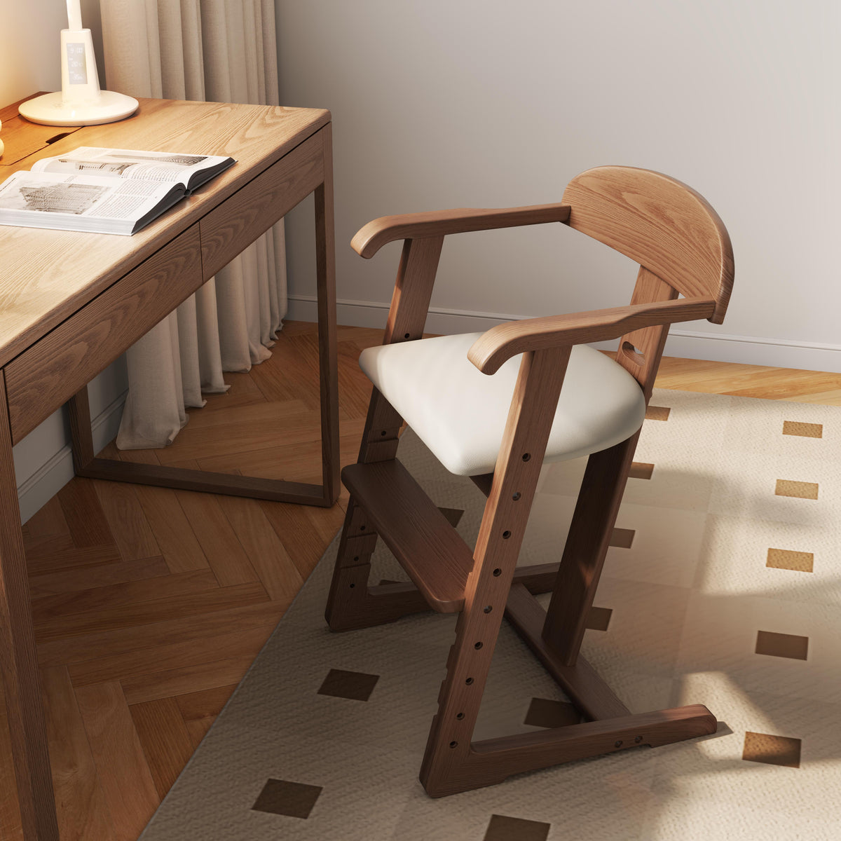 Solid Wood Toddler Dining Chair with Adjustable Height and Footrest, Wipe-Clean Cushion - iKaslandi