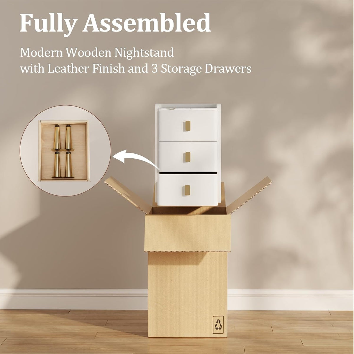 Narrow Bedside Table with 3 Drawers, Wood Frame and Leather Surface - iKaslandi