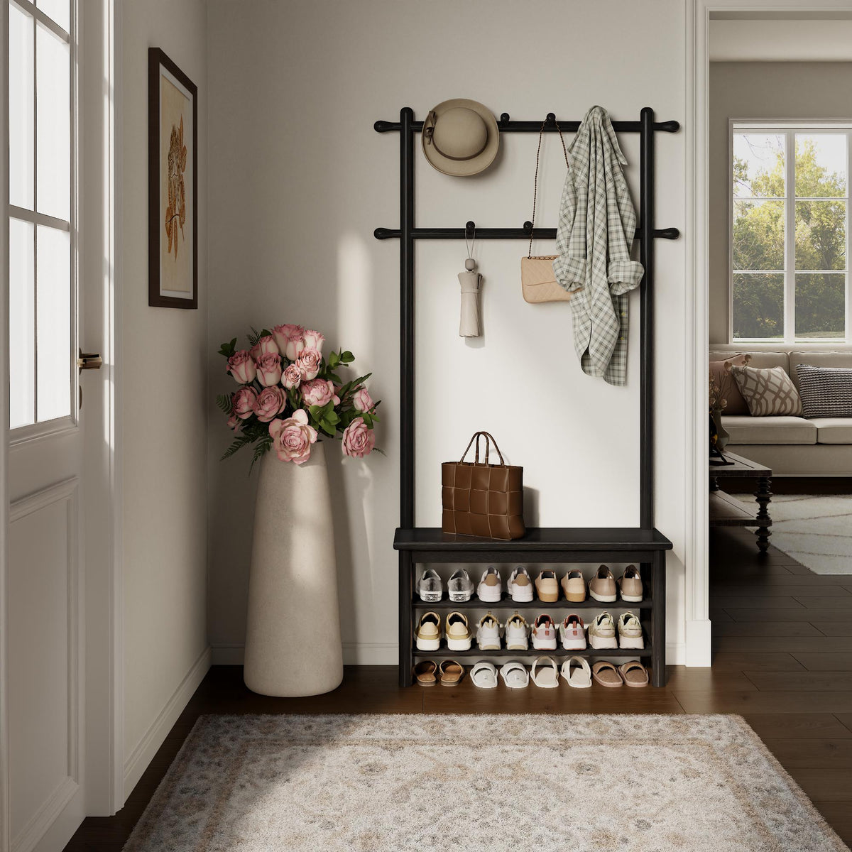 Wooden Hall Tree with Bench and Shoe Storage, 3-in-1 Entryway Coat Rack with 11 Hooks - iKaslandi