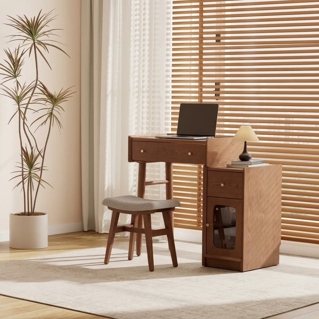 Solid Wood Vanity Desk with LED Round Mirror & Side Storage Cabinet