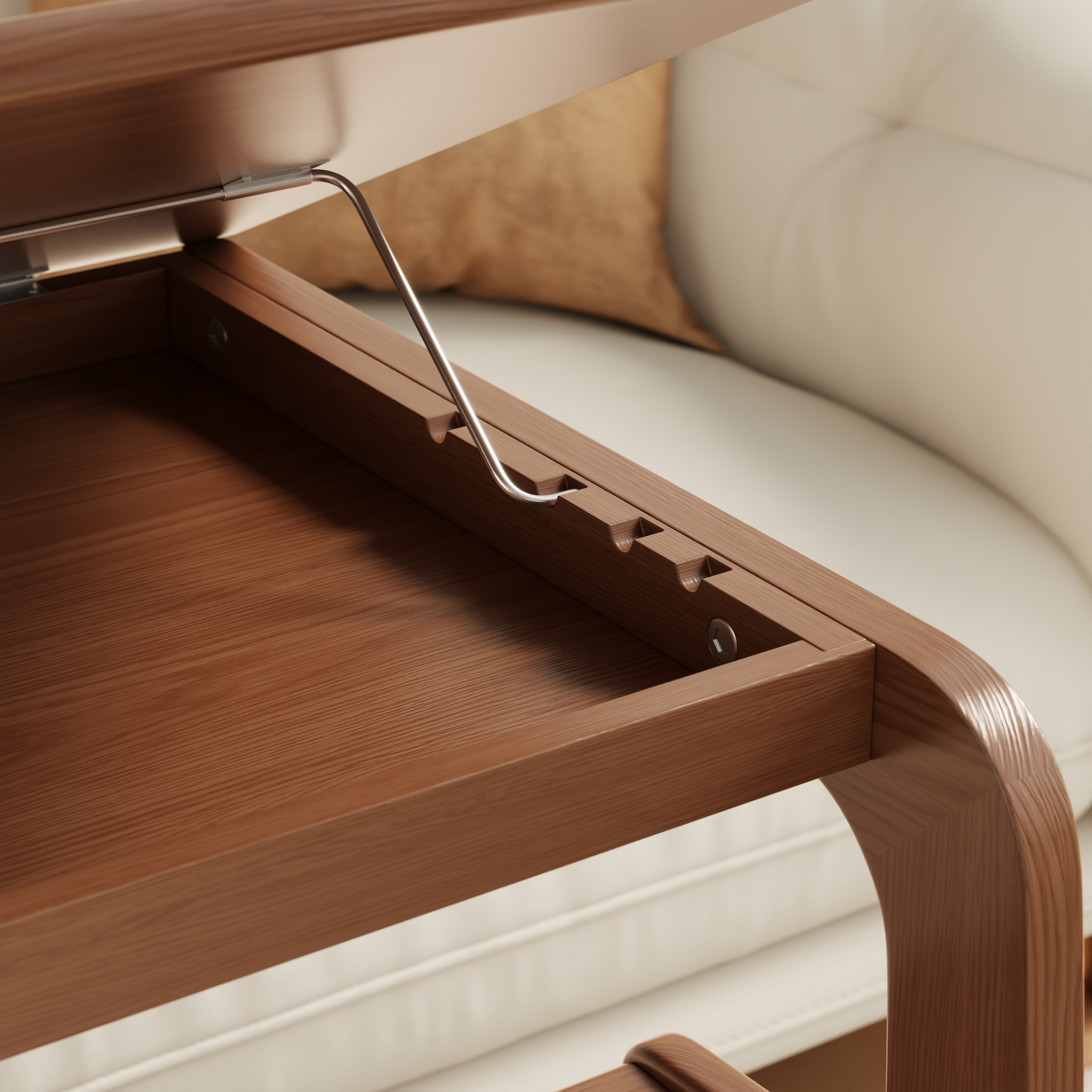 Solid Wood C-Shaped Table for Couch with 3-Tier Storage