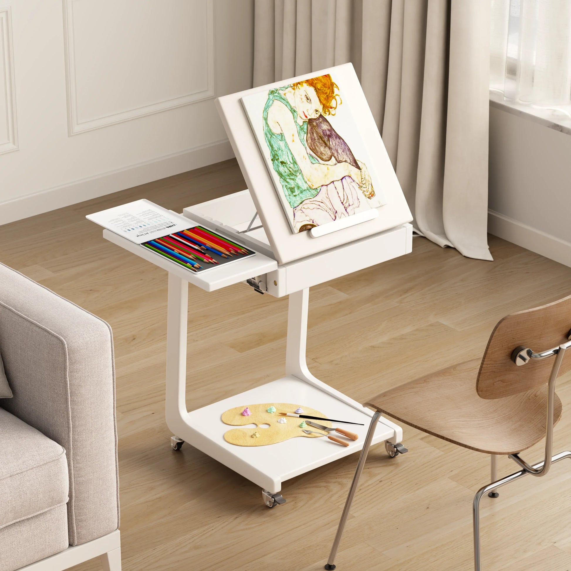Solid Wood Rolling C - Shaped Side Table with Adjustable Top & Foldable Shelf - Kaslandi Furniture