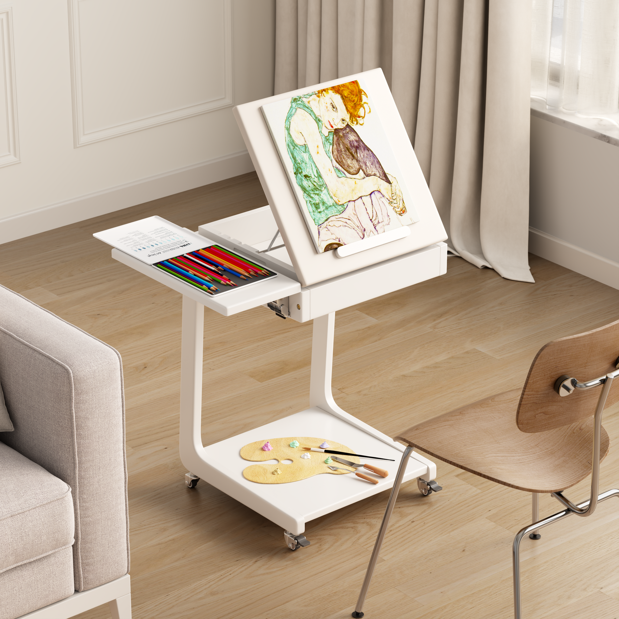 Solid Wood C-Shaped Rolling Side Table – Adjustable with Storage & Folding Shelf