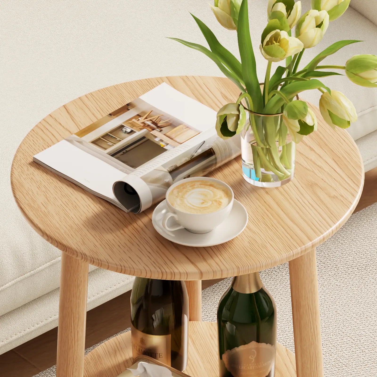 Round Solid Wood Side Table with Storage Shelf